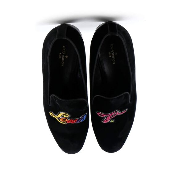Louis Vuitton Men's Logo Loafers Embroidered Velvet Black, Multicolor - Picture 2 of 5